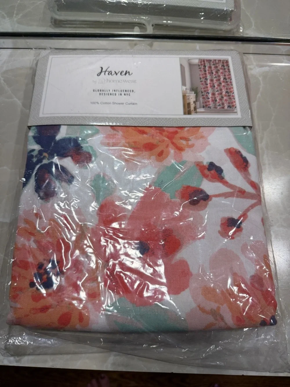 Haven Floral Cotton Shower Curtain in Coral, Teal, Navy